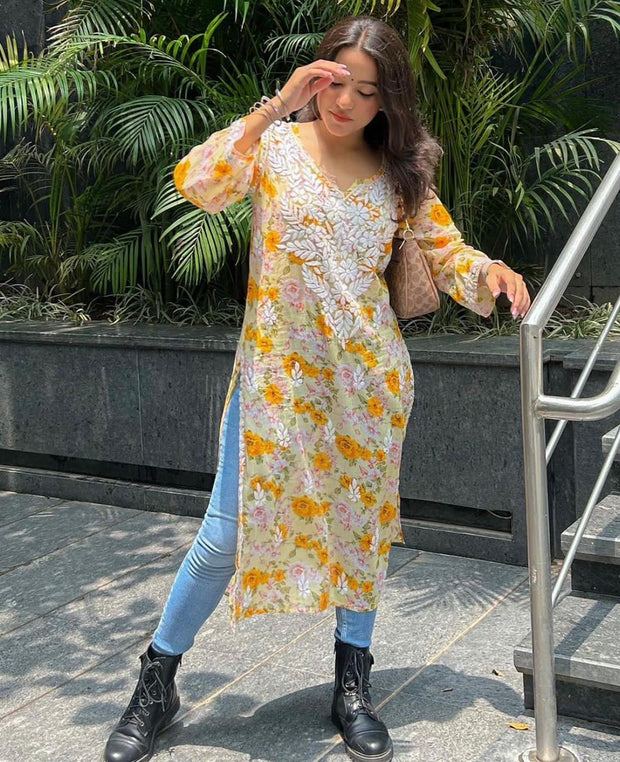 Yellow Floral Chikankari Kurti