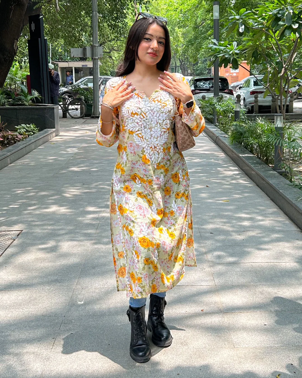 Yellow Floral Chikankari Kurti