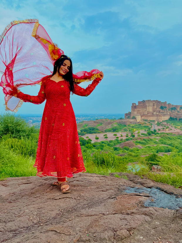 RAAS RED BANDHANI ANARKALI SET