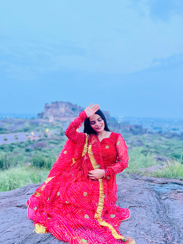 RAAS RED BANDHANI ANARKALI SET