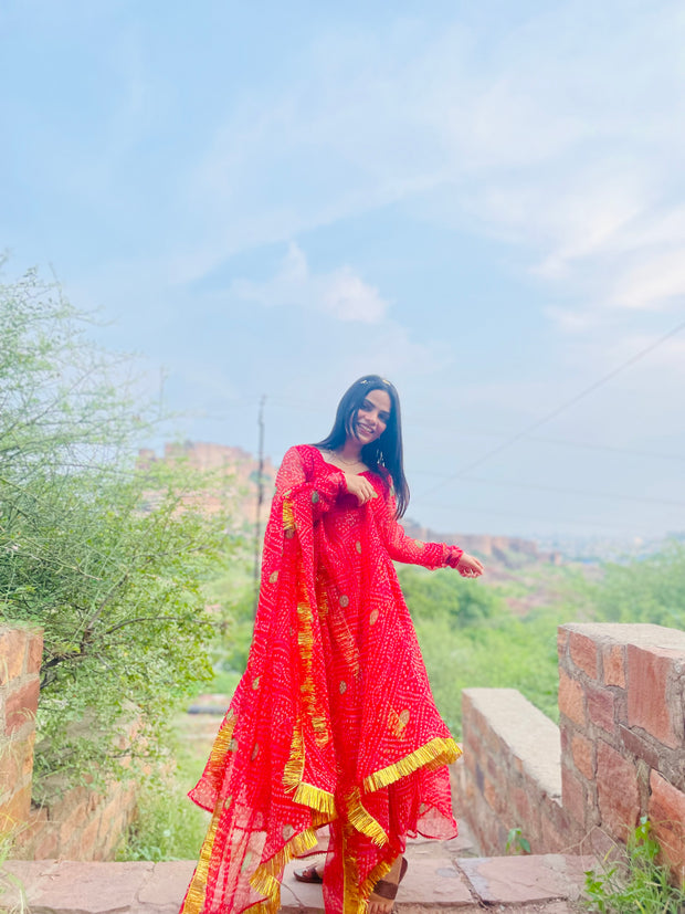 RAAS RED BANDHANI ANARKALI SET