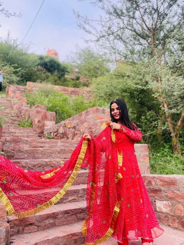 RAAS RED BANDHANI ANARKALI SET