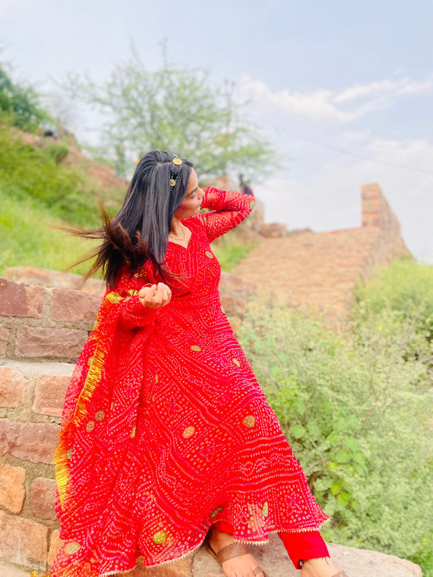 RAAS RED BANDHANI ANARKALI SET