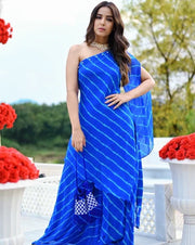 Embellished blue one shoulder women's kurta Set