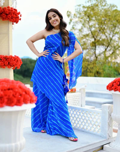 Embellished blue one shoulder women's kurta Set