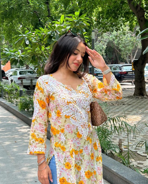 Yellow Floral Chikankari Kurti