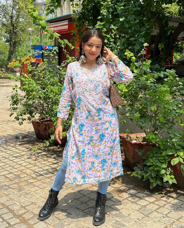 PINK BLUE FLORAL CHIKANKARI KURTI