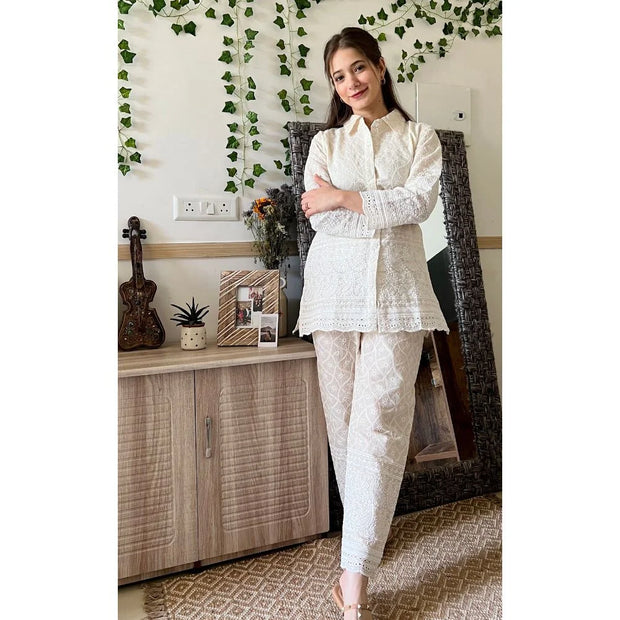 White Cotton Embroidered Chikankari Co-Ord Set