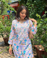 PINK BLUE FLORAL CHIKANKARI KURTI