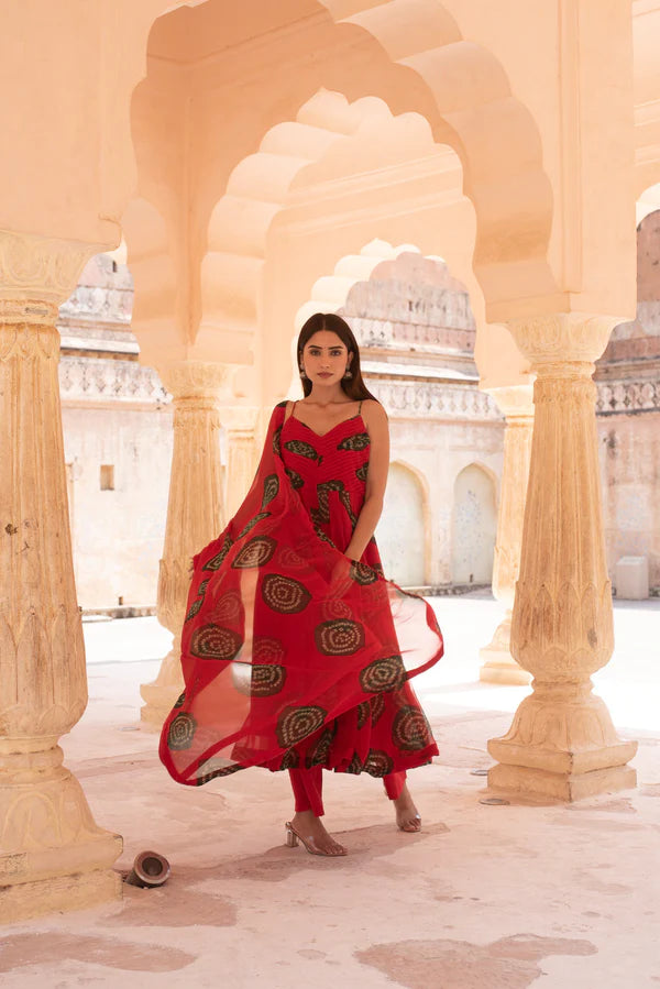 Bhandej Georgette Red Anarkali Set with Dupatta