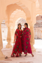 Bhandej Georgette Red Anarkali Set with Dupatta