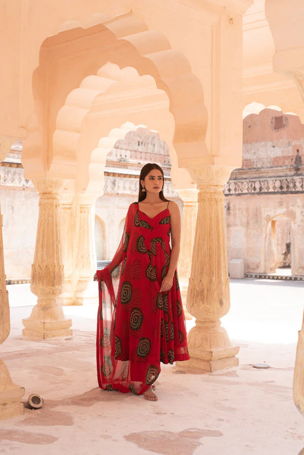 Bhandej Georgette Red Anarkali Set with Dupatta