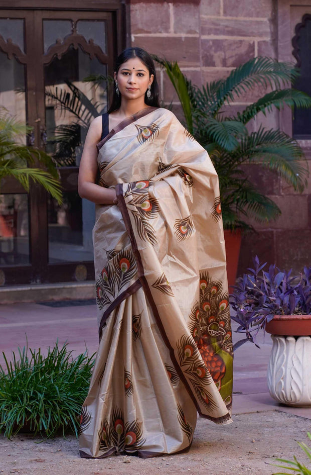 IVORY SILK PEACOCK SAREE - Piirona