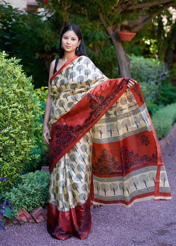 WARM IVORY SILK SAREE - Piirona