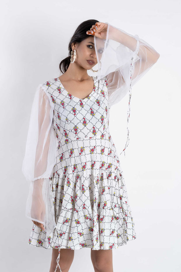 White Printed Organza Dress