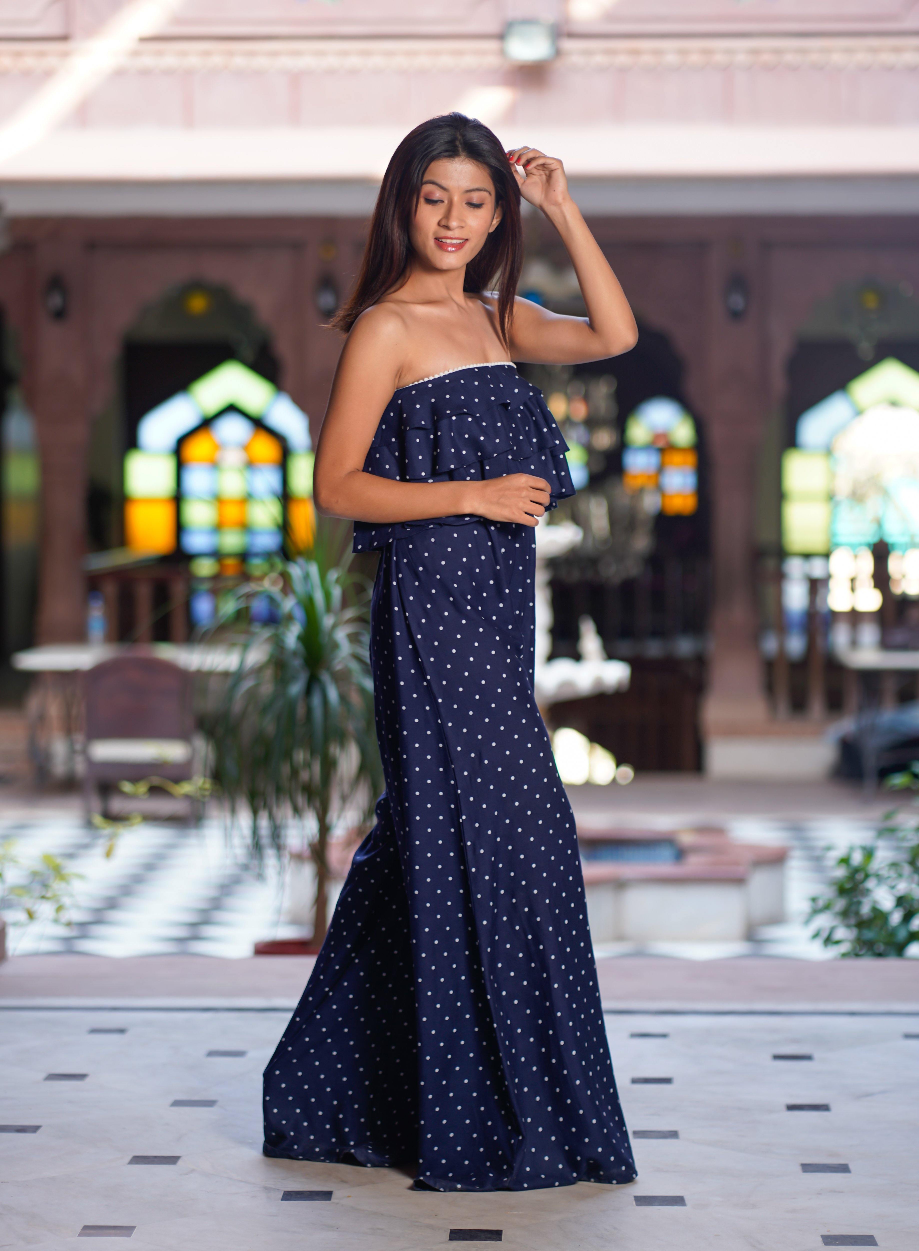 Navy blue hot sale polka dot jumpsuit