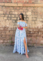 Blue Floral Slit Dress