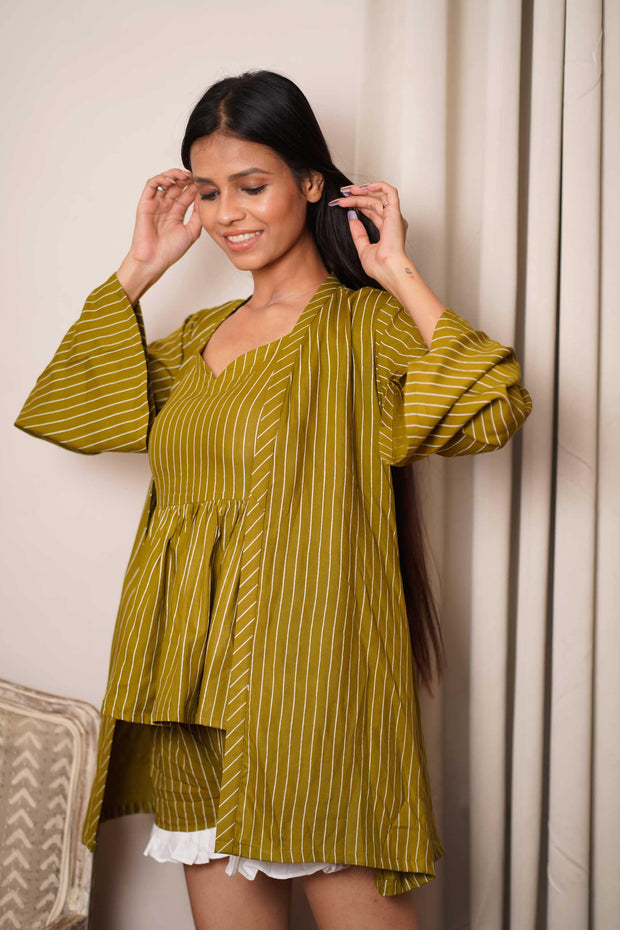 OLIVE GREEN STRIPES NIGHTWEAR - Piirona