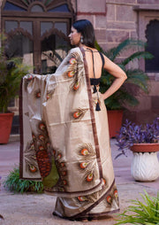 IVORY SILK PEACOCK SAREE - Piirona