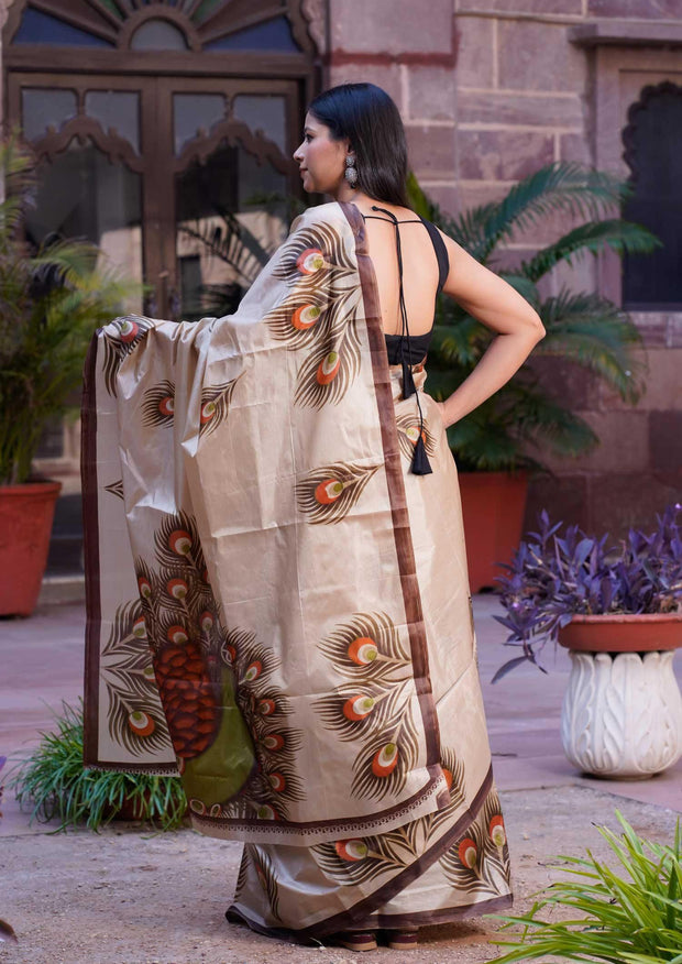 IVORY SILK PEACOCK SAREE - Piirona