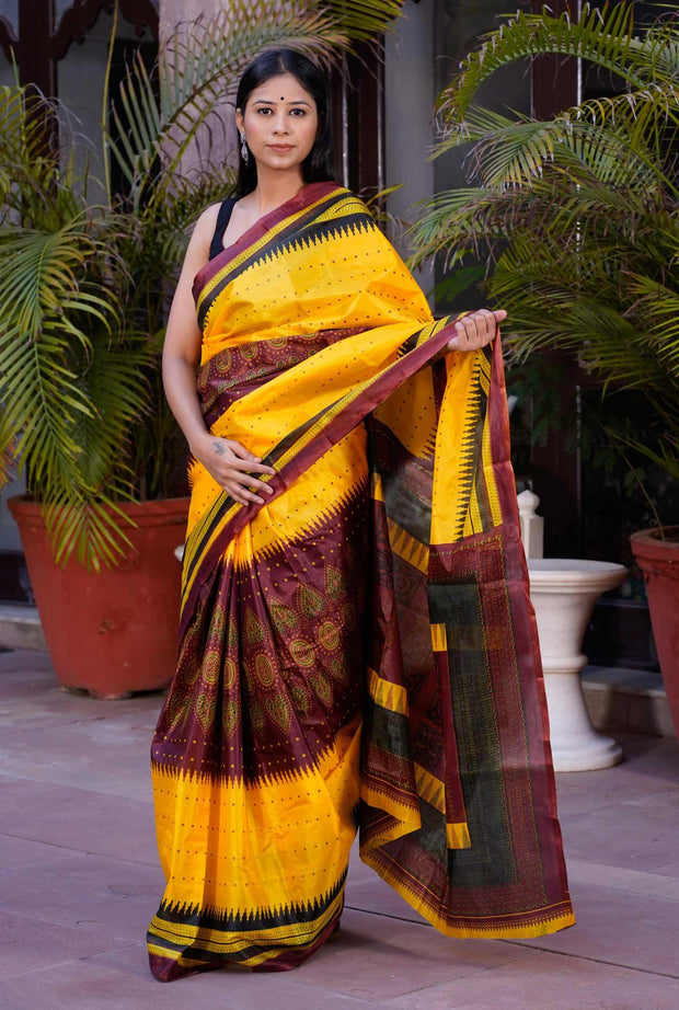 MUSTARD SILK PRINT SAREE - Piirona