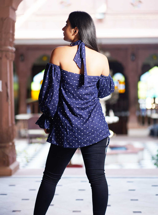 Blue Polka Cold-Shoulder Top