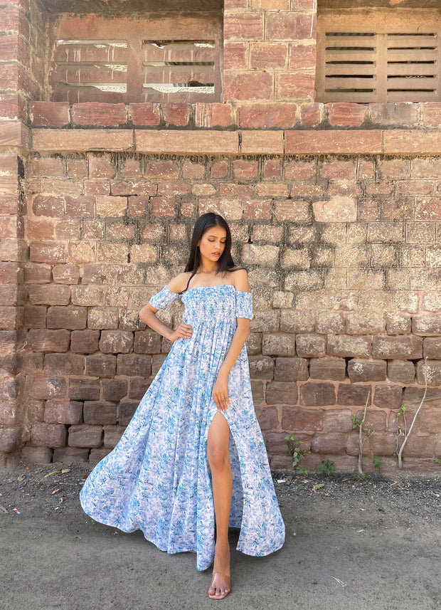 Blue Floral Slit Dress