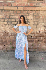 Blue Floral Slit Dress