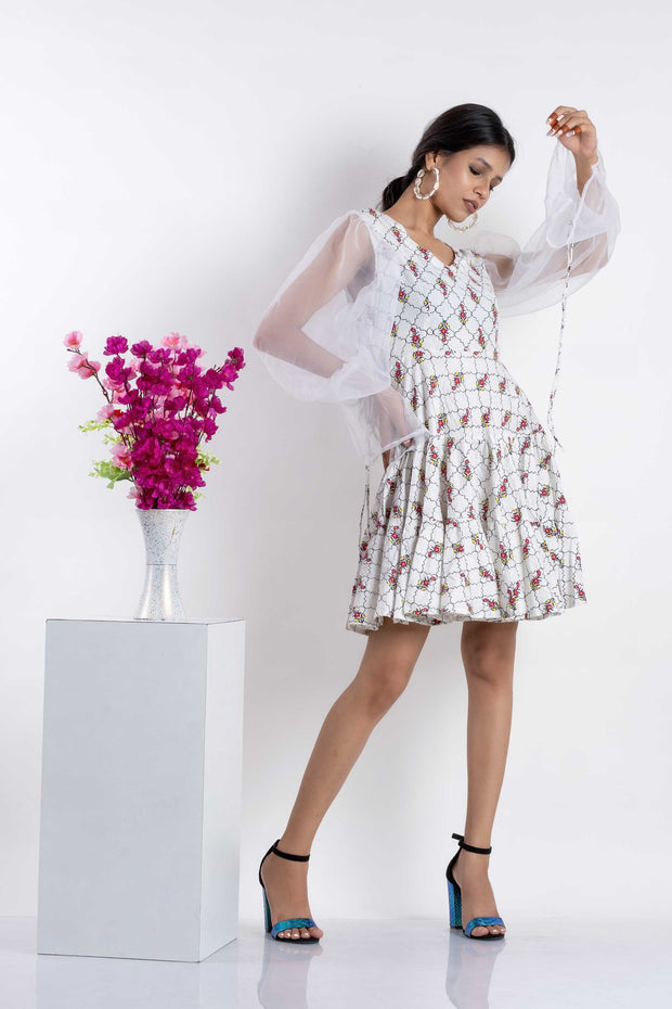 White Printed Organza Dress